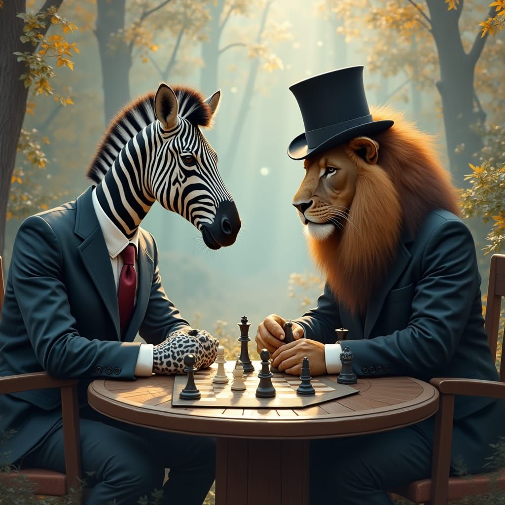 Zebra and Lion Play Chess in Central Park