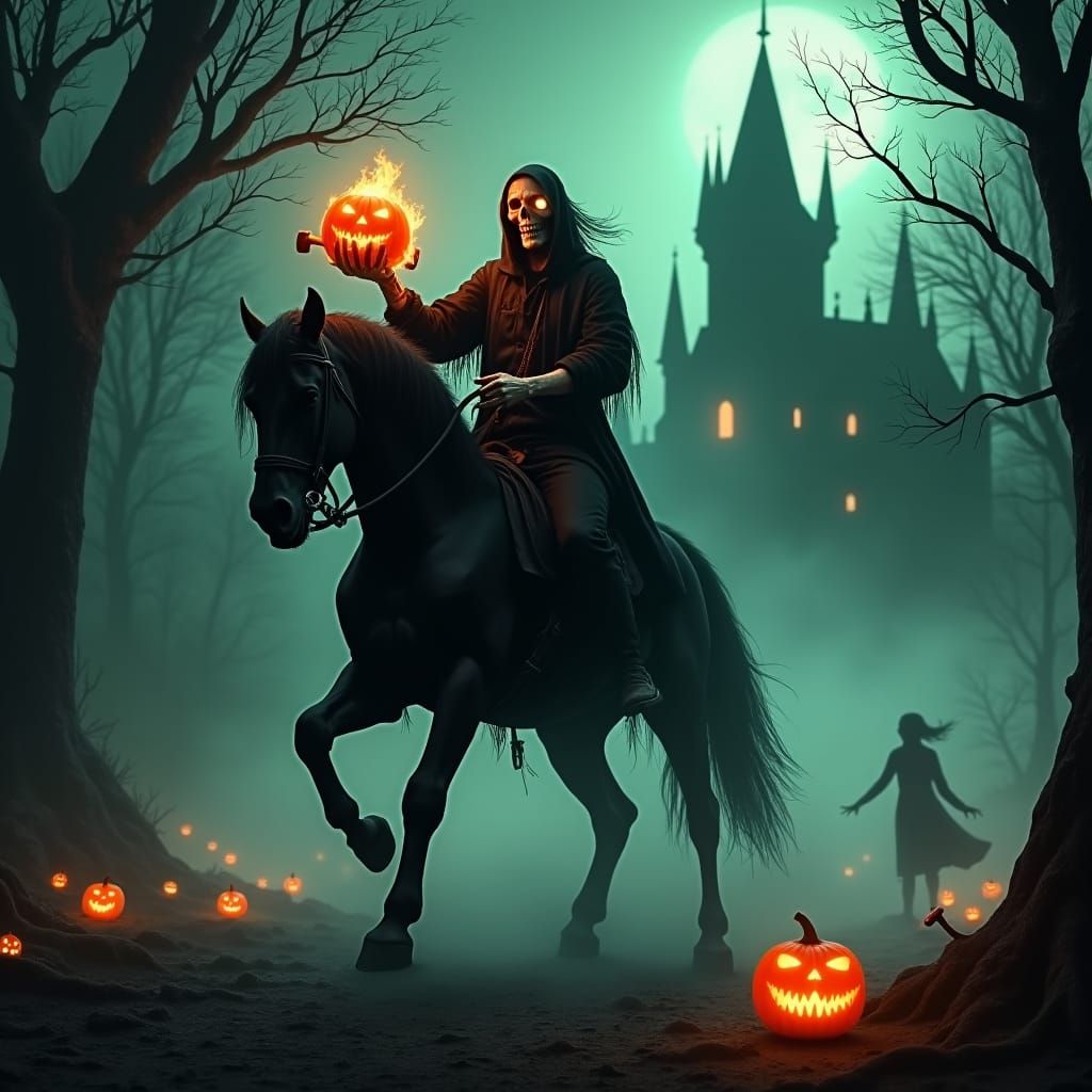 Headless Horseman in Misty Forest, Dark Fantasy Art