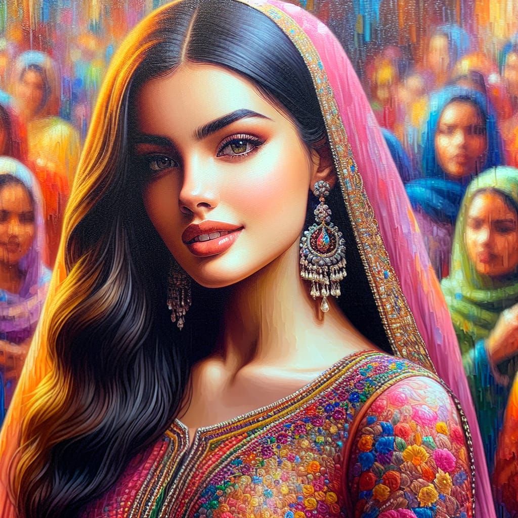 Vibrant Oil Painting of Woman in Salwar Kameez