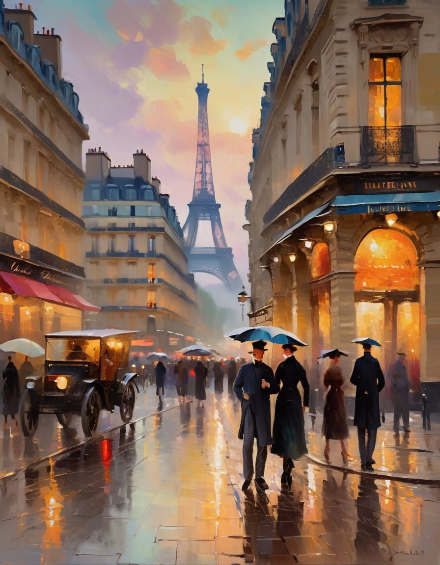 Parisian Dusk Street Scene in Impressionist Style