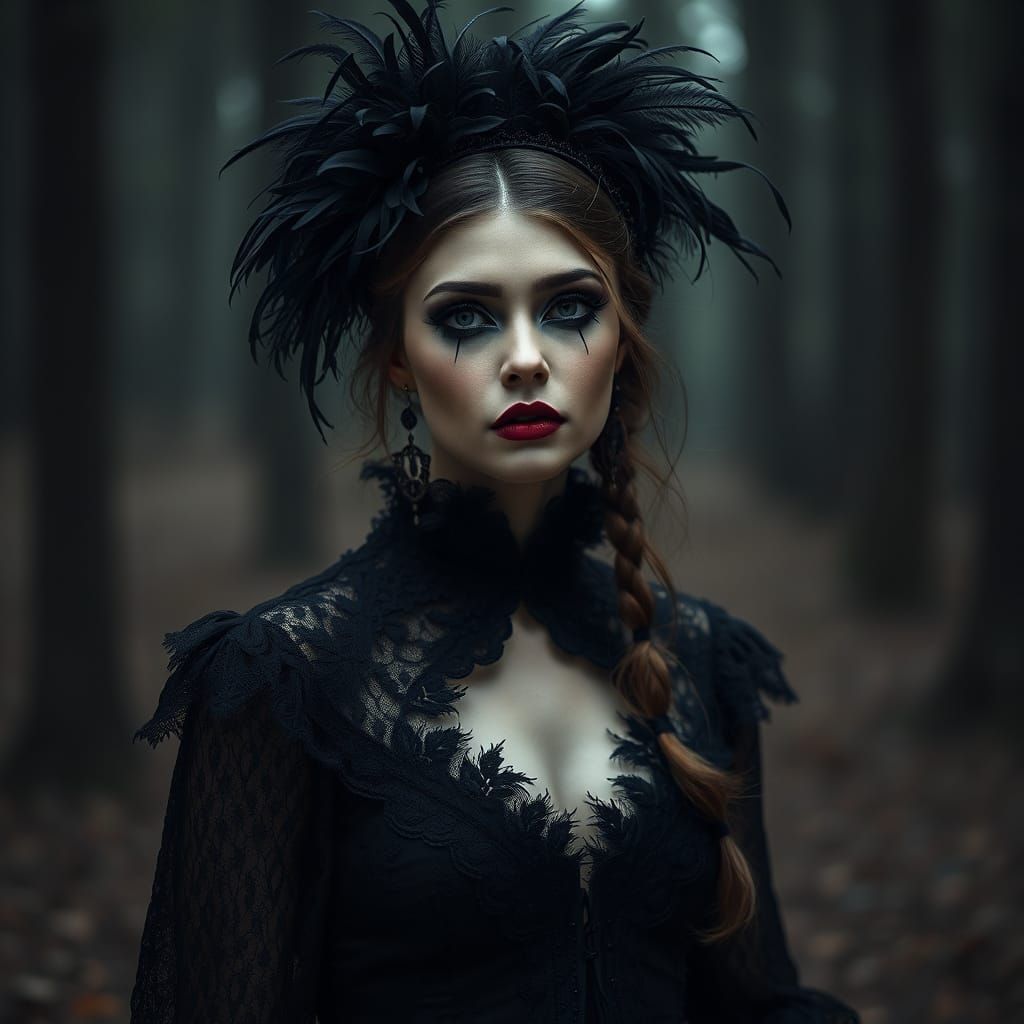 femme gothique dans une forêt brumeuse au crépuscule.