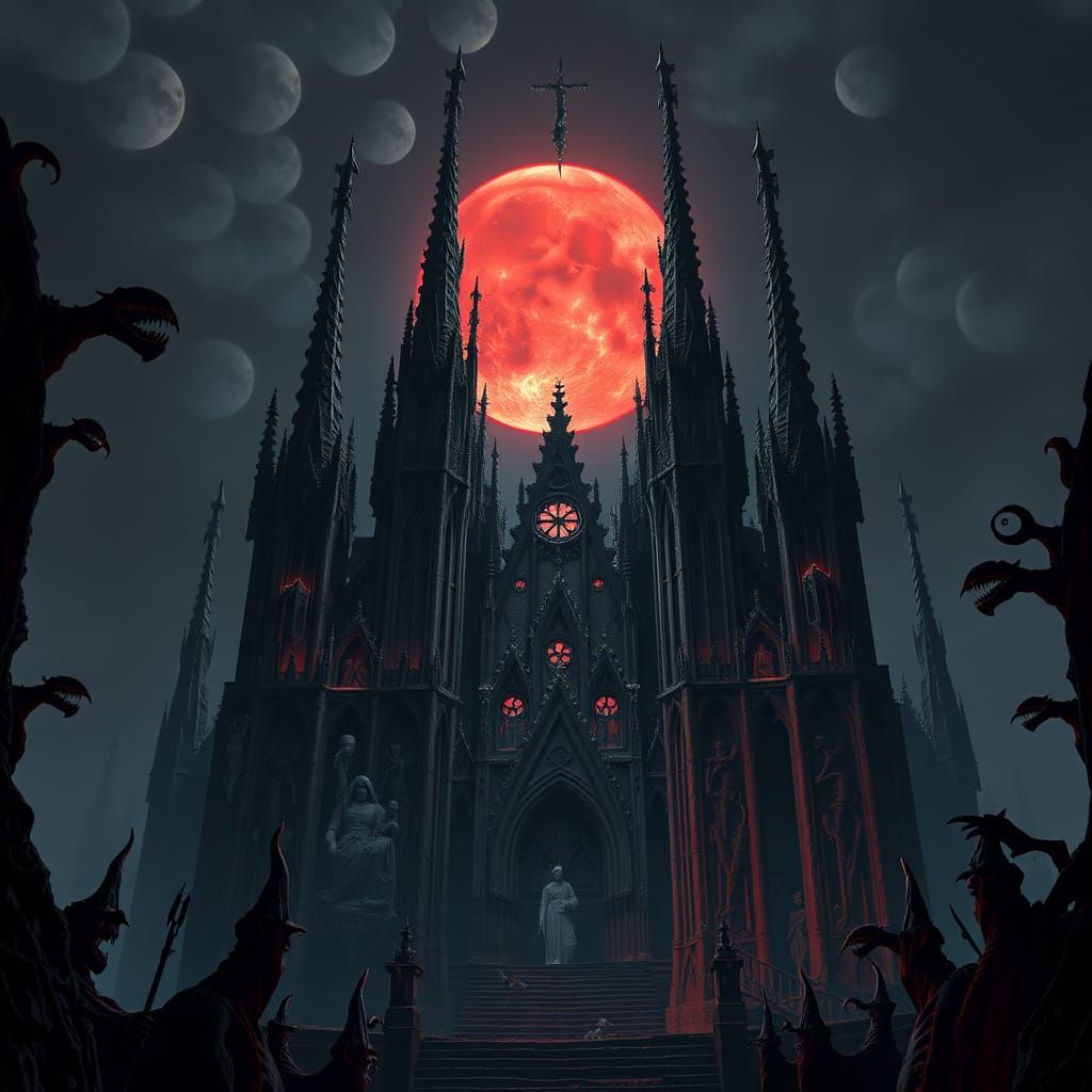 Gothic Bone Cathedral Under Blood Moon in Dark Fantasy Art