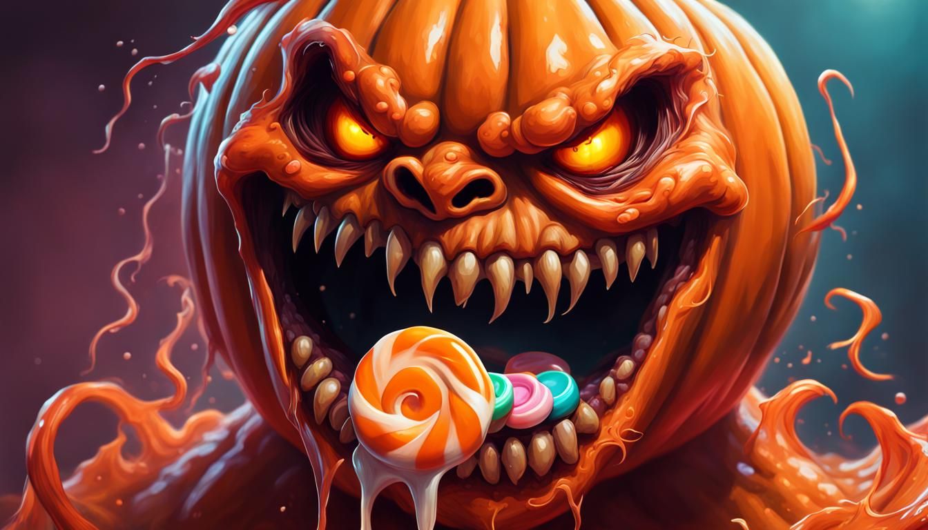 Hyperrealistic Orange Pumpkin Monster Eats Candy