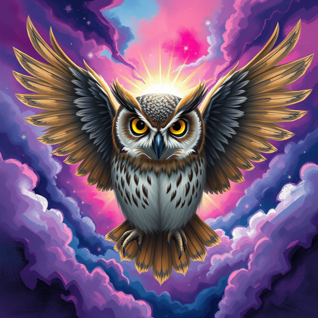 Owl Soaring Through Supernova in Digital Painting