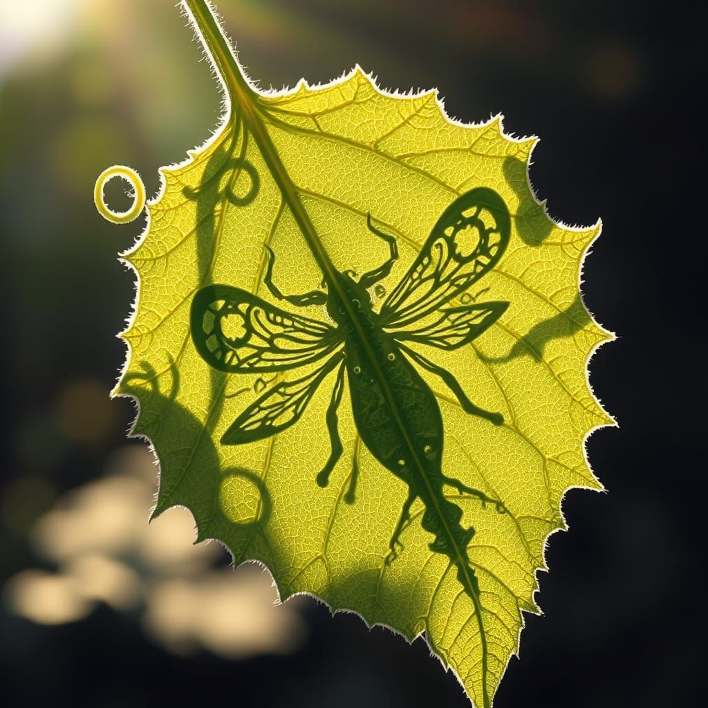 Surreal Insect Shadow on Backlit Leaf in Sci-Fi Style