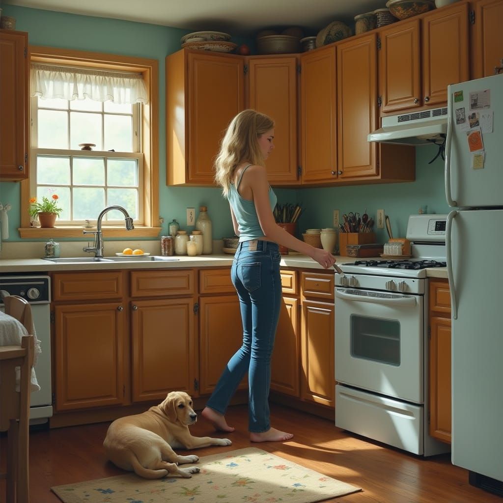 Hyper-Realistic Teen Cooks Dinner, Vermeer Lighting