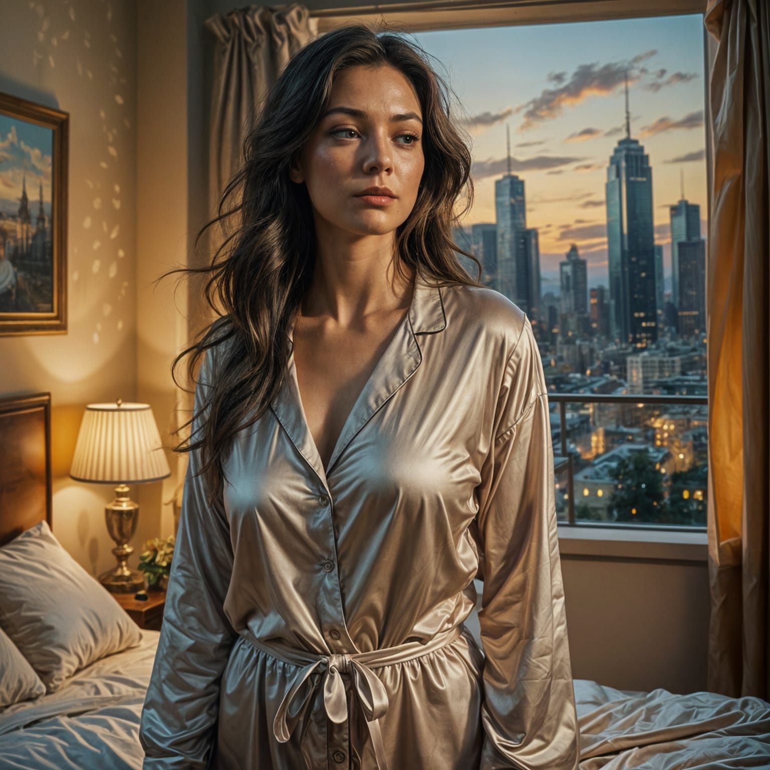 Ethereal Lady in Lingerie with City View