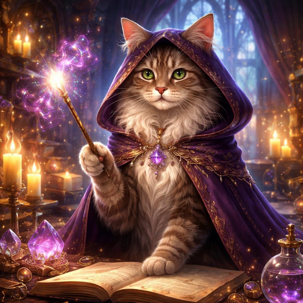 Magical Cat Sorceress in Detailed Realistic Style