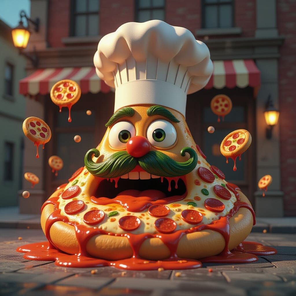 Sentient Pizza Blob Barfing Sauce in Front of Derelict Resta...