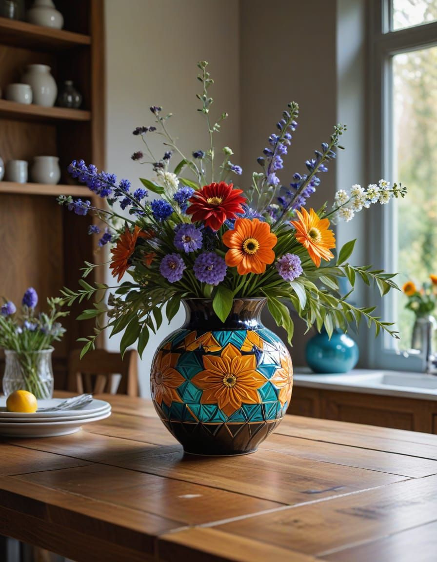 Lacquer-Carved Vase in Country Kitchen