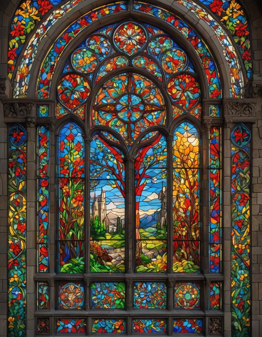 Gothic Stained Glass Window with Nature Scenes
