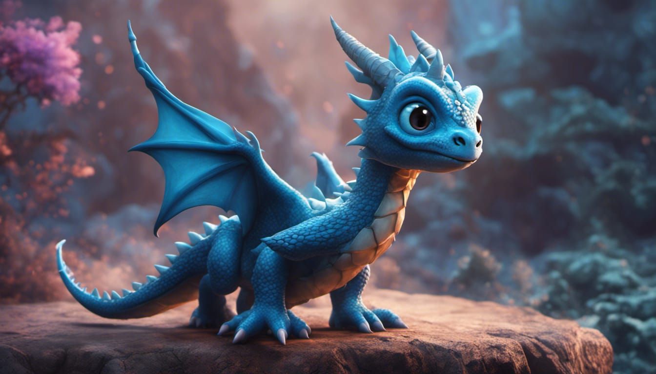 Cute Blue Baby Dragon Fantasy Concept Art