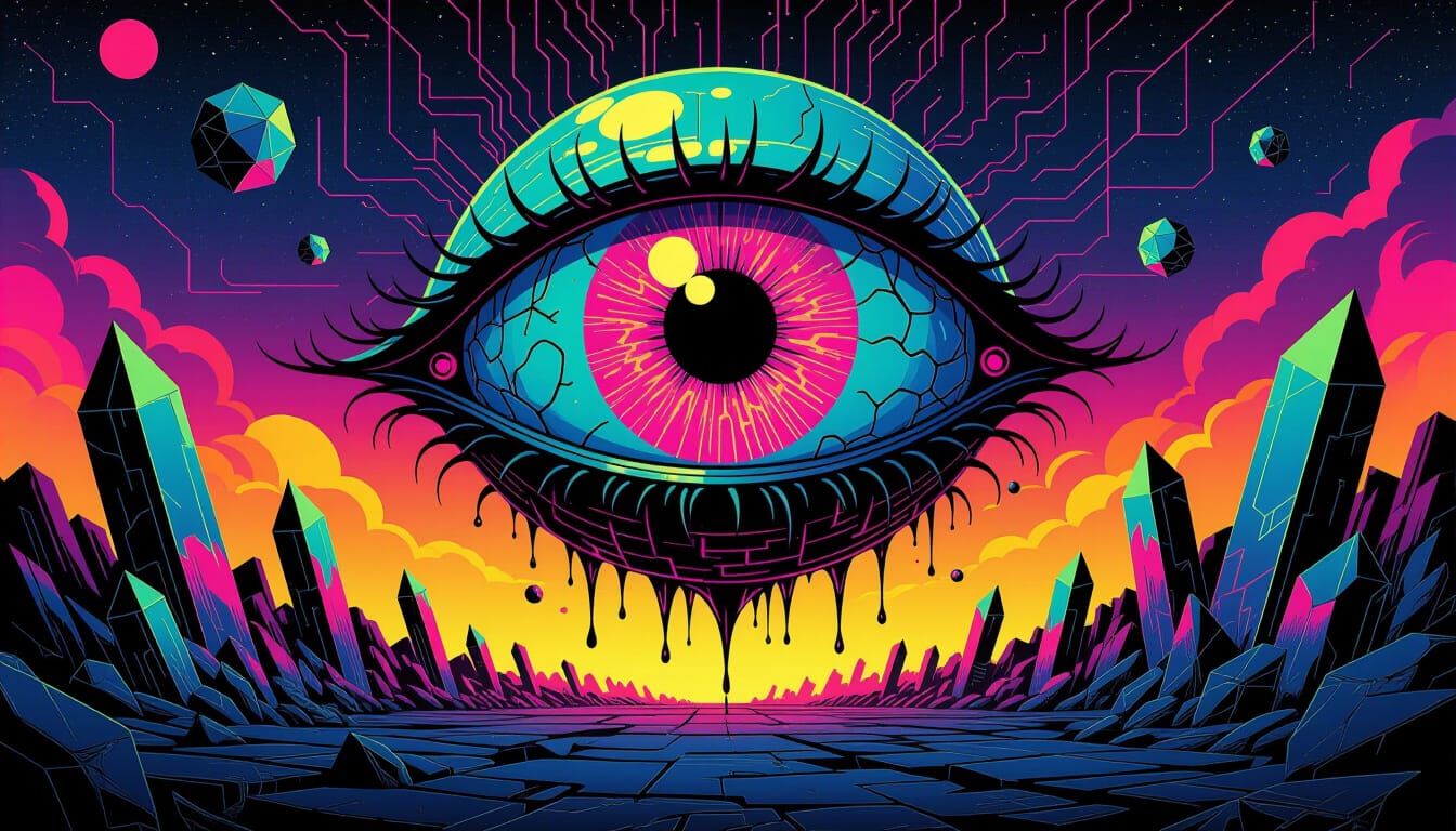 Dystopian Eyeball with Neon Iris and Circuits