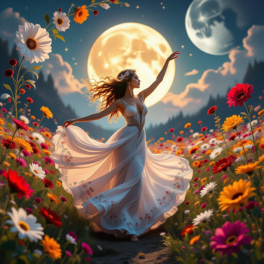Surreal Woman Dancing Among Sun and Moon Flowers