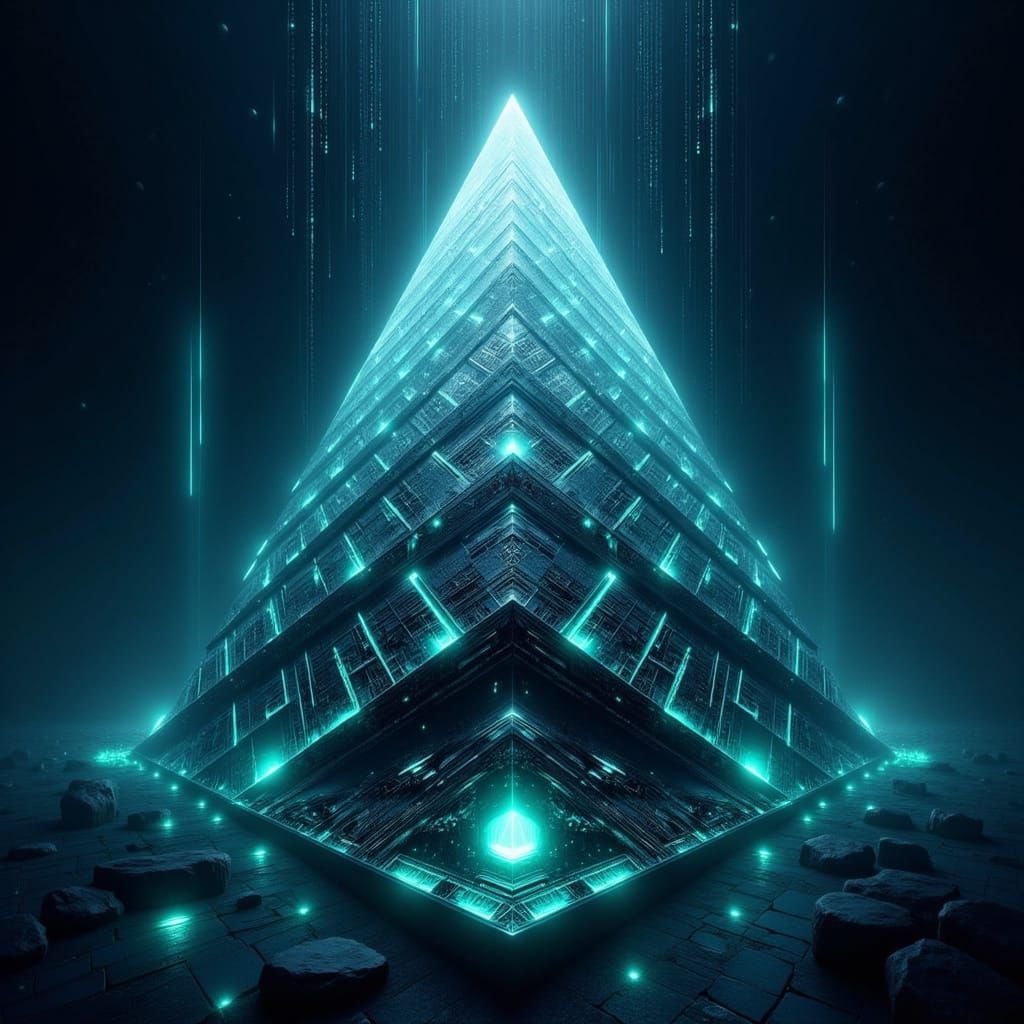 Cyberpunk Pyramid with Glowing Binary Code Rain