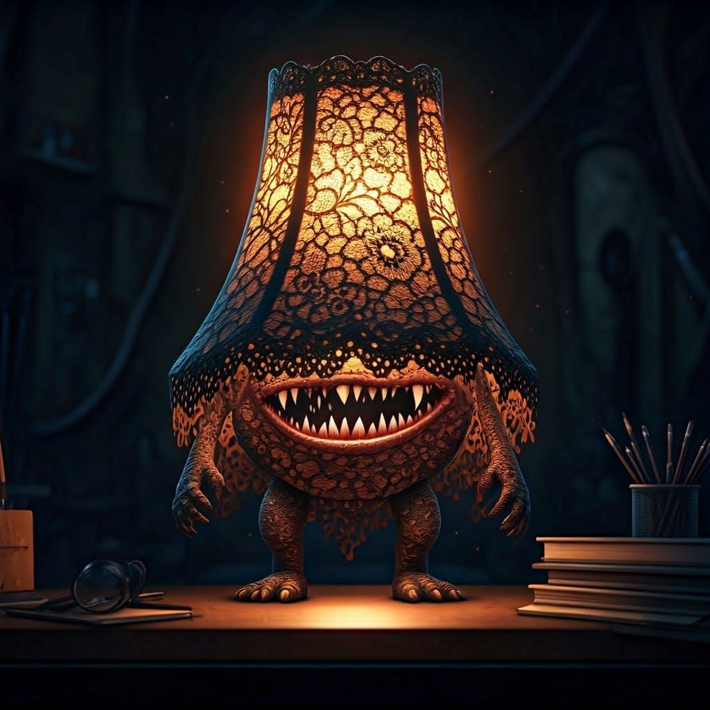 Adorable Chibi Lampshade Monster in Dark Office