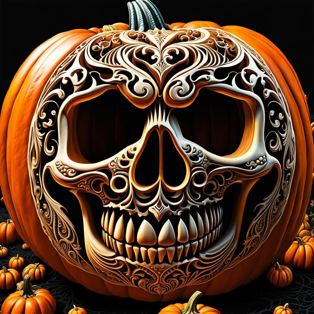 Hyperrealistic Skeleton Carved Pumpkin for Halloween