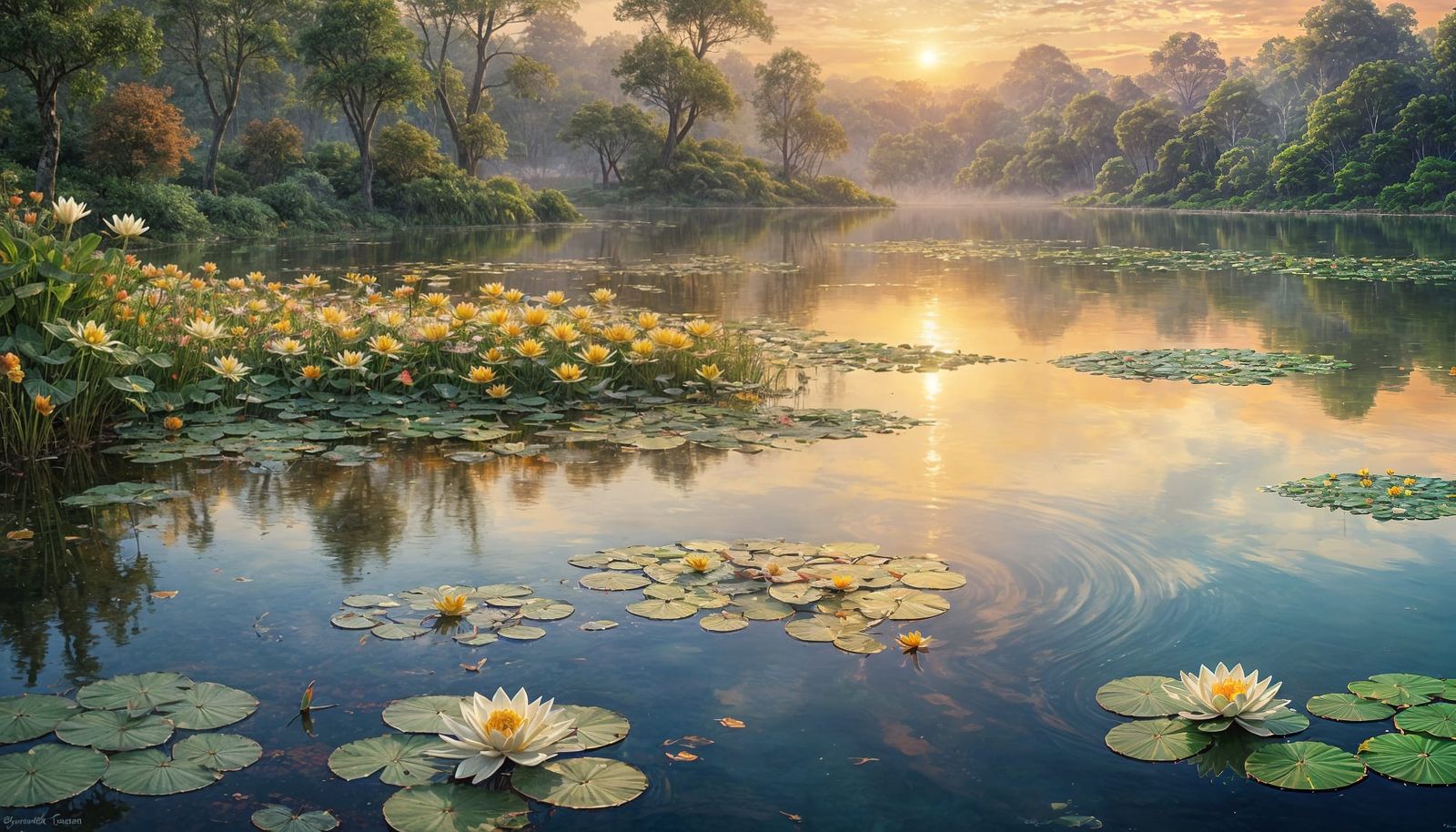 Sunset Lake with Water Lilies: Ethereal Fantasy