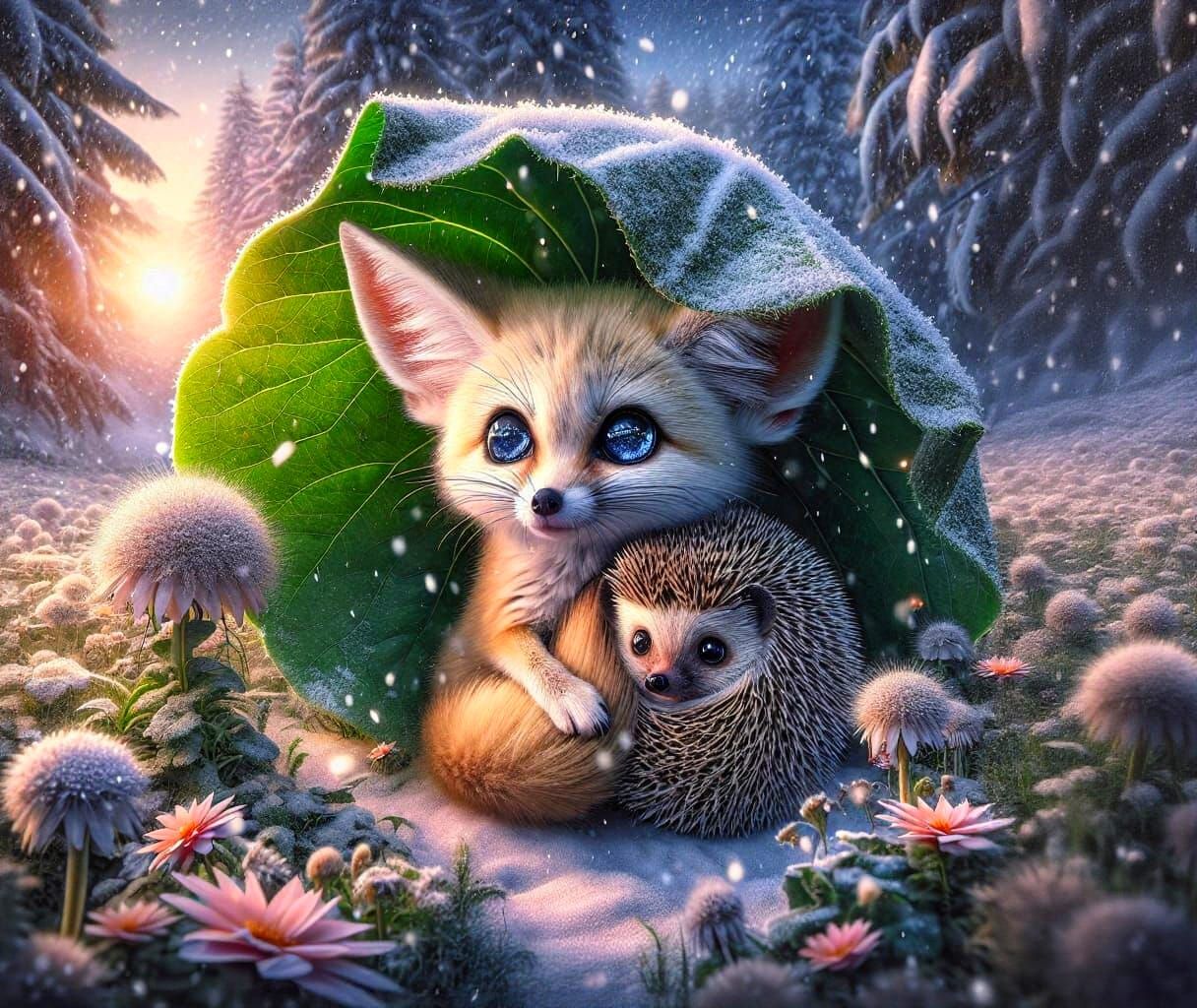 Fennec Fox Shelters Hedgehog in Winter Storm