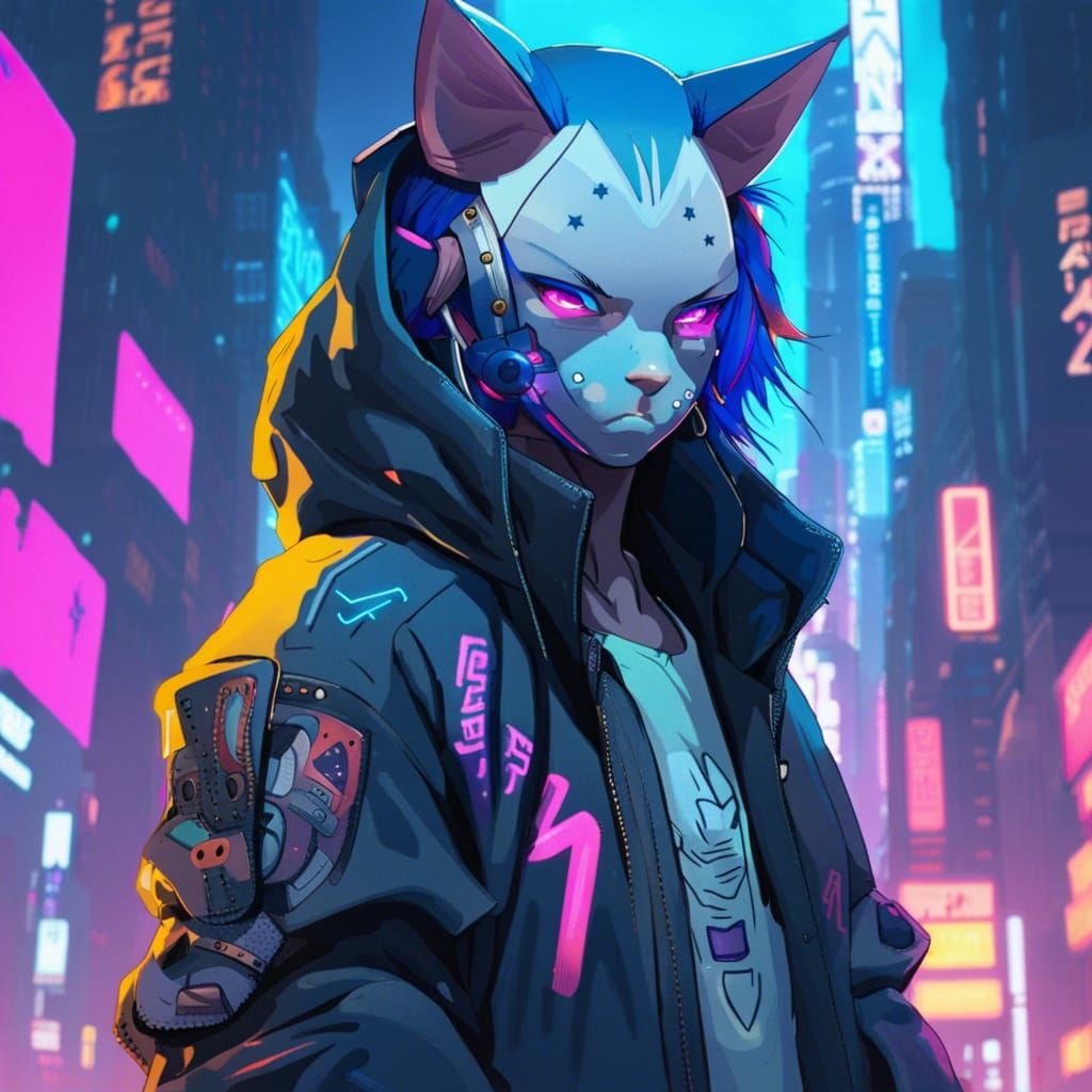 Cyberpunk Anime Boy with Cat Hoodie in Neon City