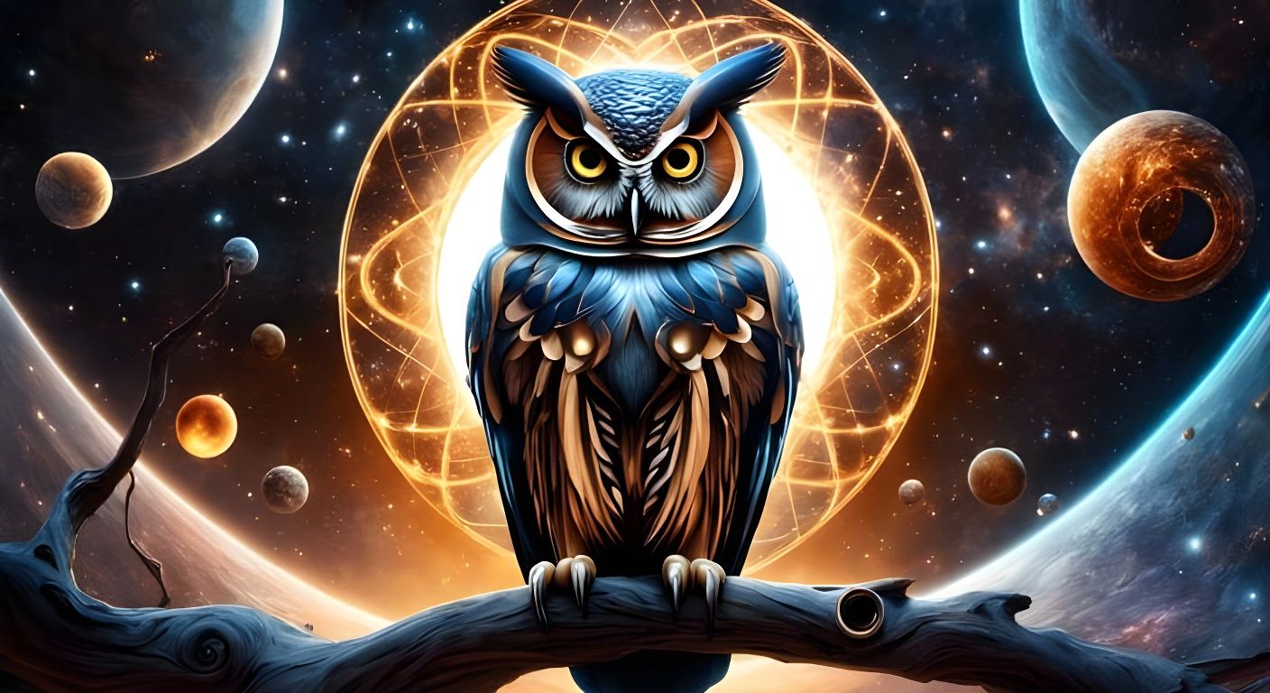 Surreal Atomic Owl in Cosmic Renaissance Style
