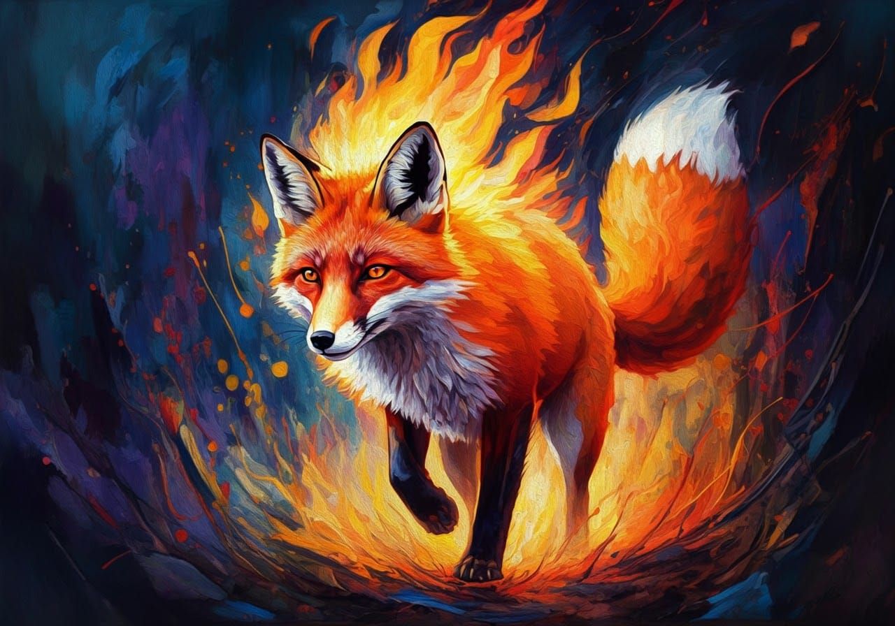 Fiery Fox Ablaze: A Fauvist Oil Painting