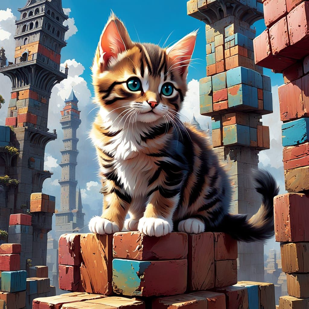 Fluffy Kitten Ascends Vibrant Block Towers