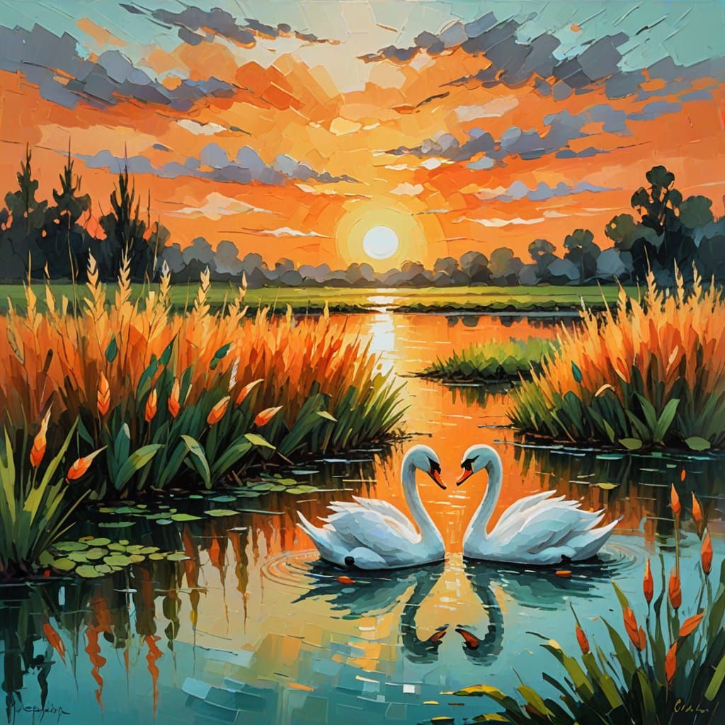Impressionistic Swans in Pond at Sunset
