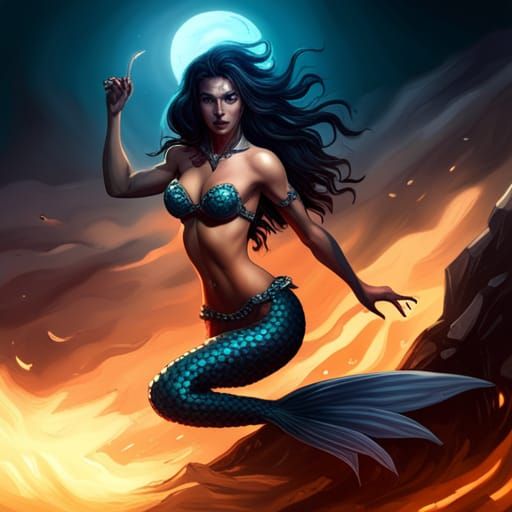 Raven Mermaid in Detailed Dark Fantasy Style