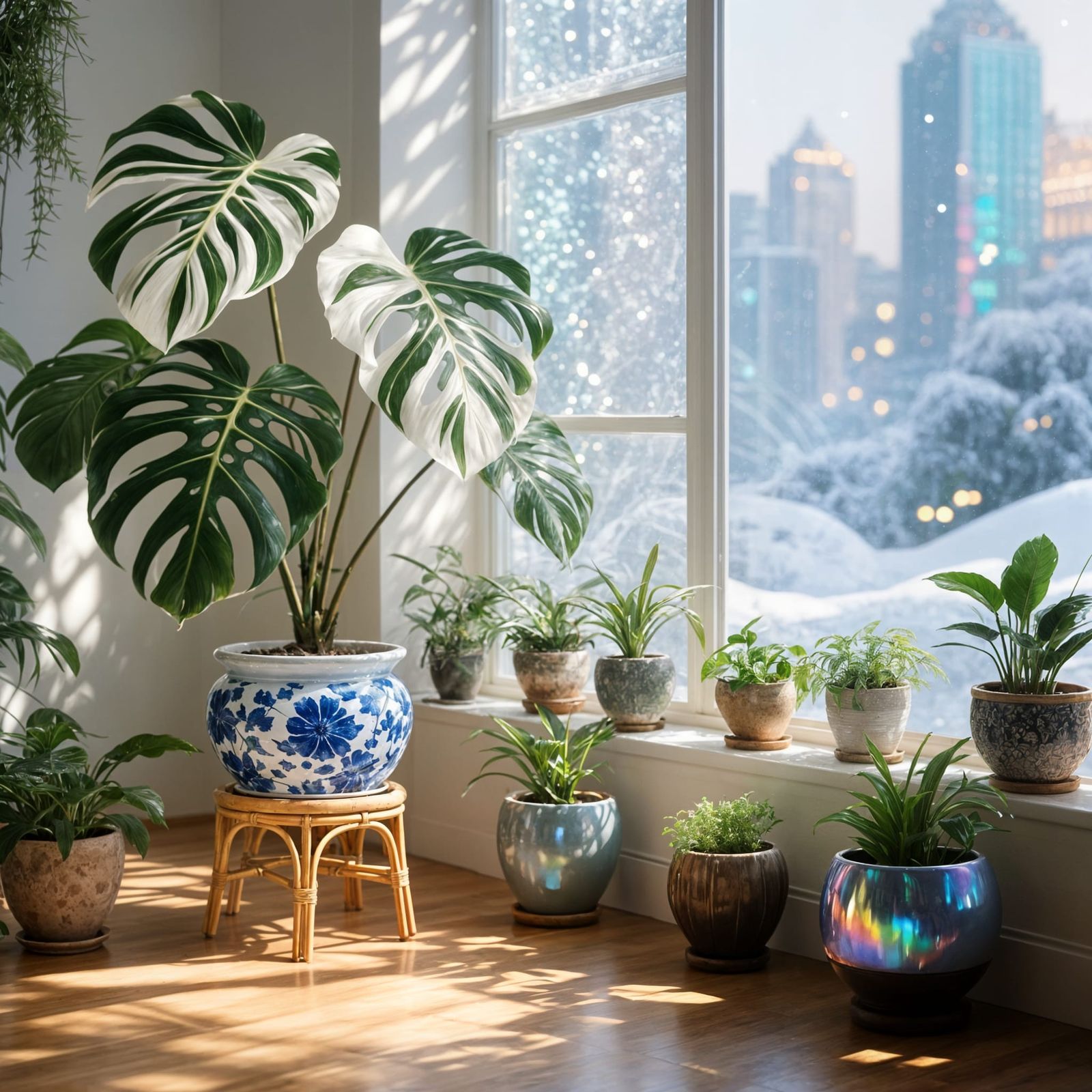 Cozy Window View with Tropical Plants and Snowy Cityscape