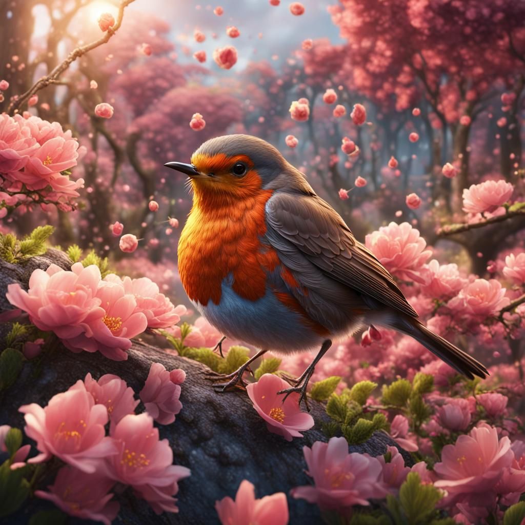 Robin in Spring Bloom: Detailed 3D Render