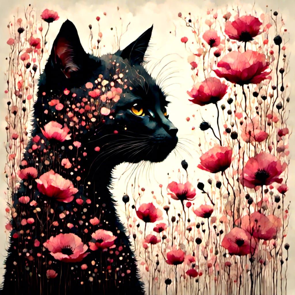 Cat Silhouette with Pink Poppies in Watercolor Style