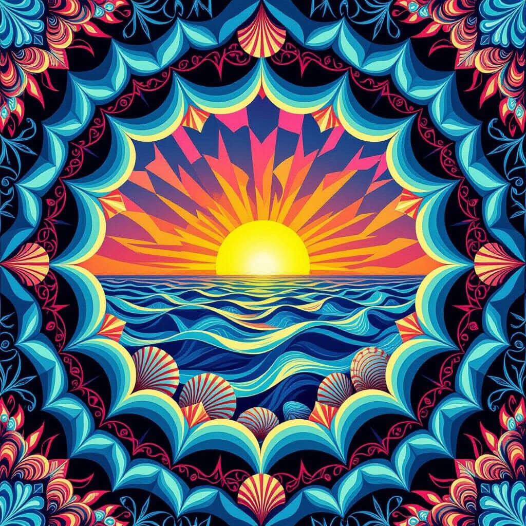 Kaleidoscopic Ocean Sunset with Geometric Tessellations