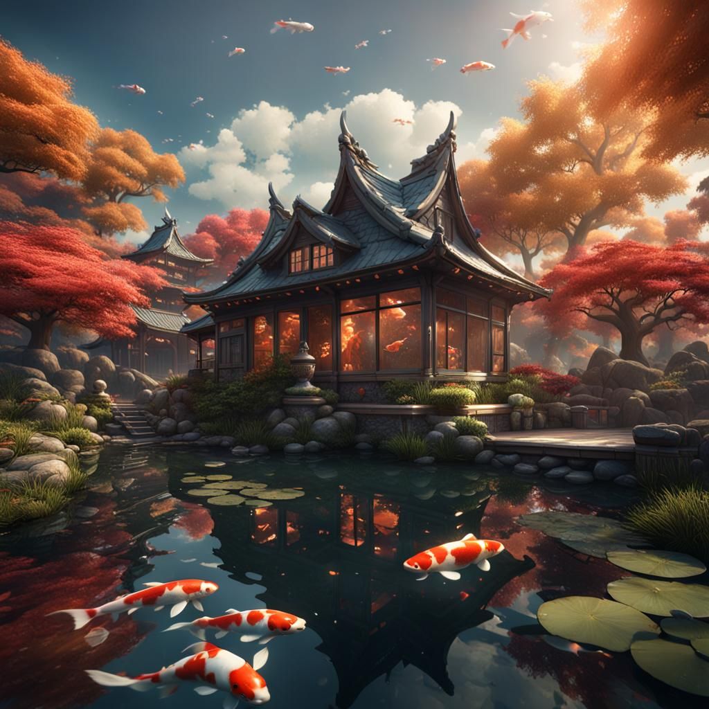 Koi Pond House: Detailed Fantasy Concept Art
