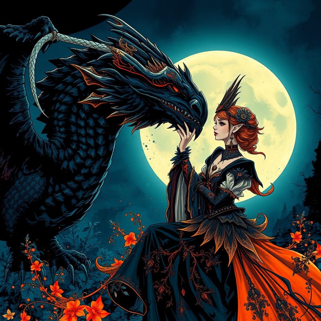 Gothic Princess Bonds with Majestic Black Dragon