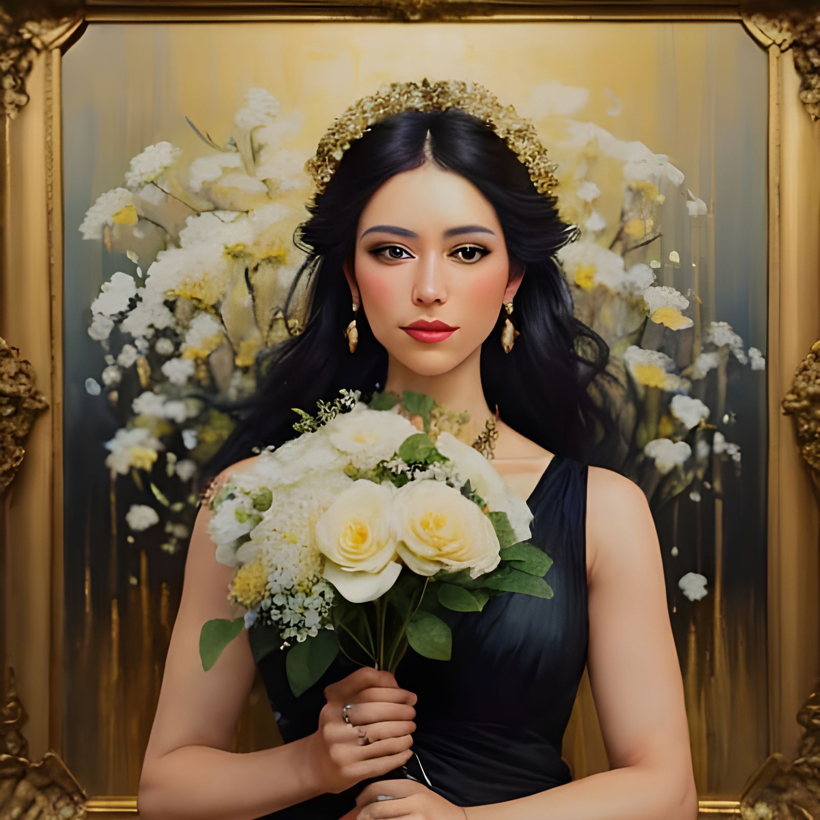 Woman in Elegant Black Dress Holds White Floral Bouquet in a...