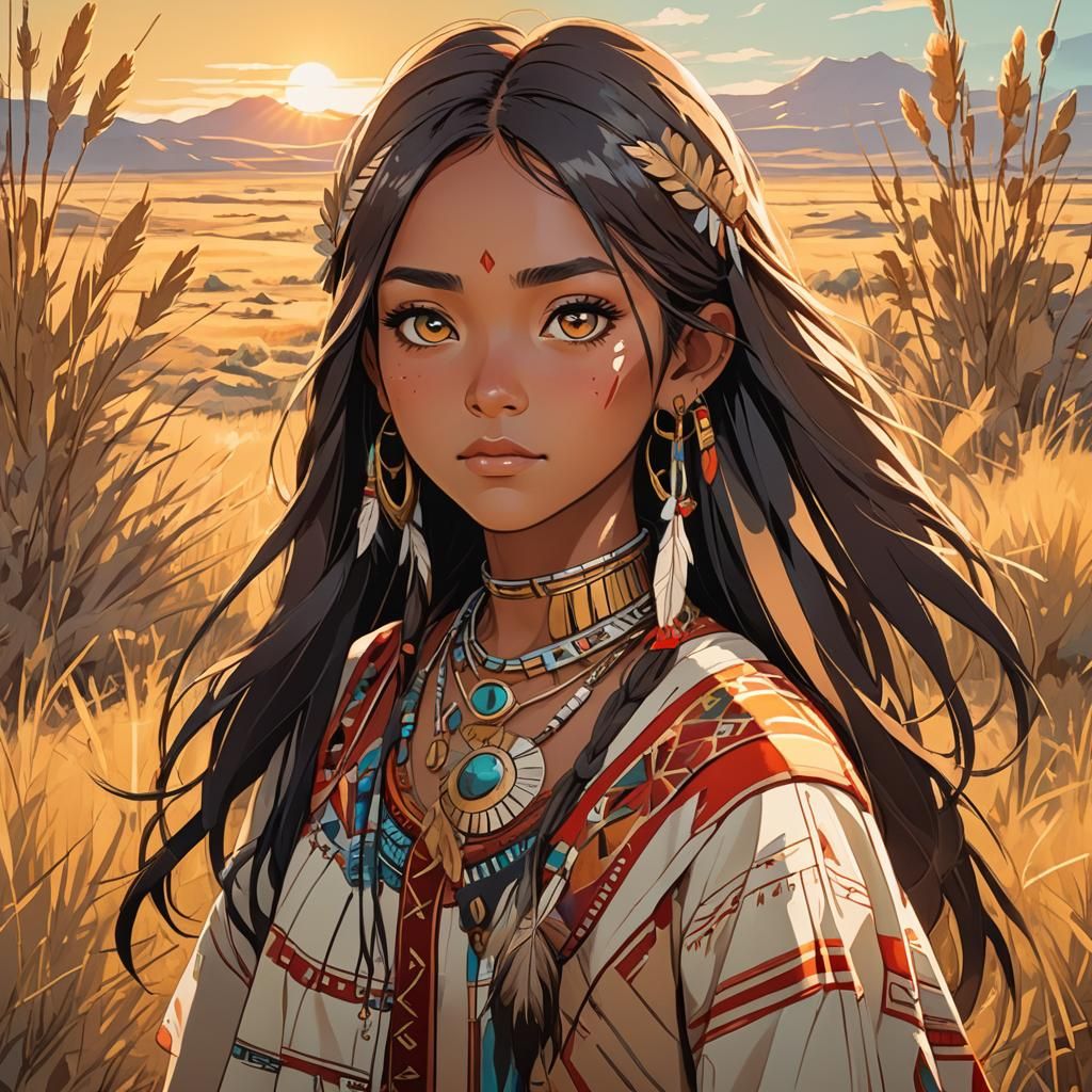 Anime Native American Girl in Prairie Sunset