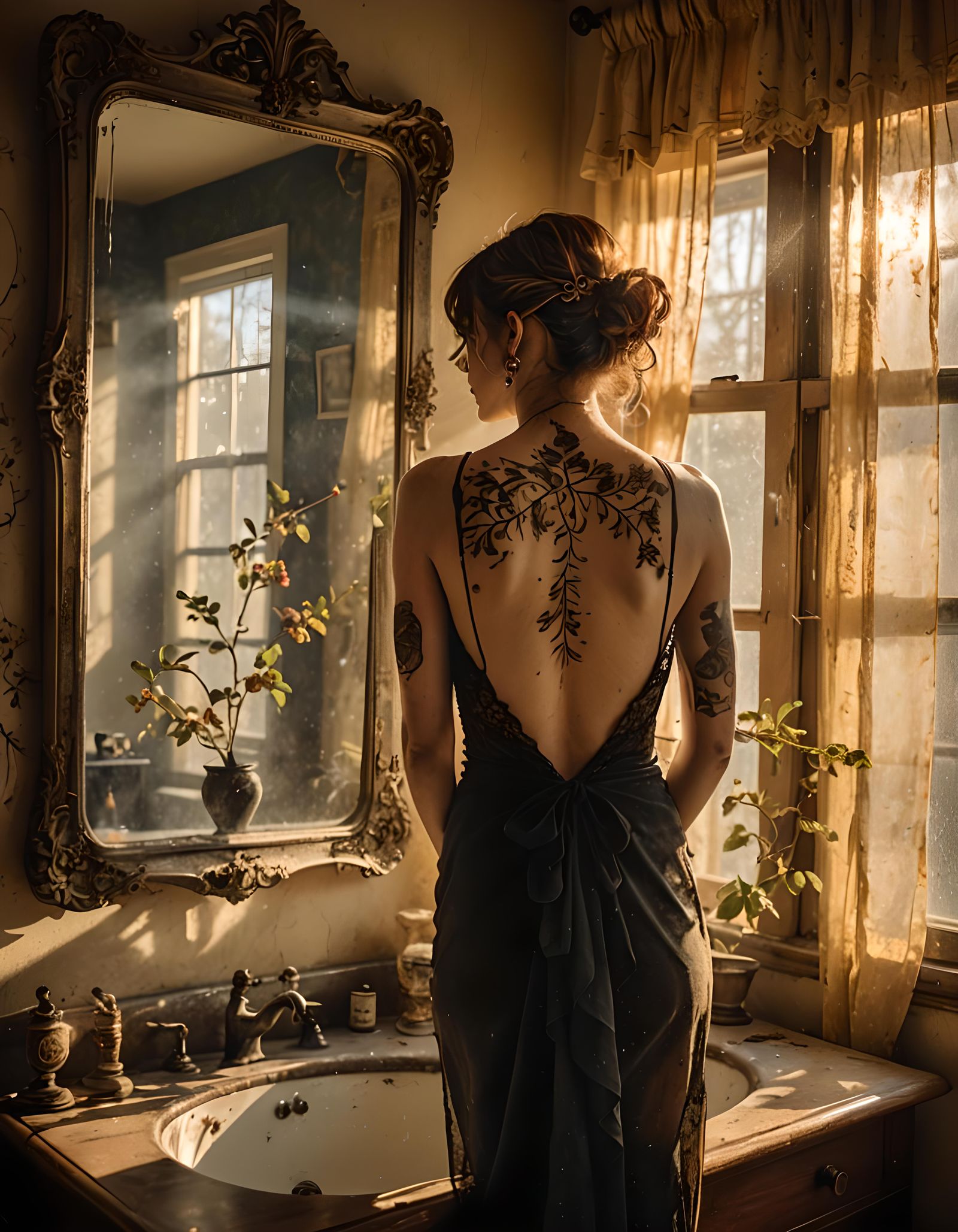 Woman in Boudoir Reflecting in Antique Mirror