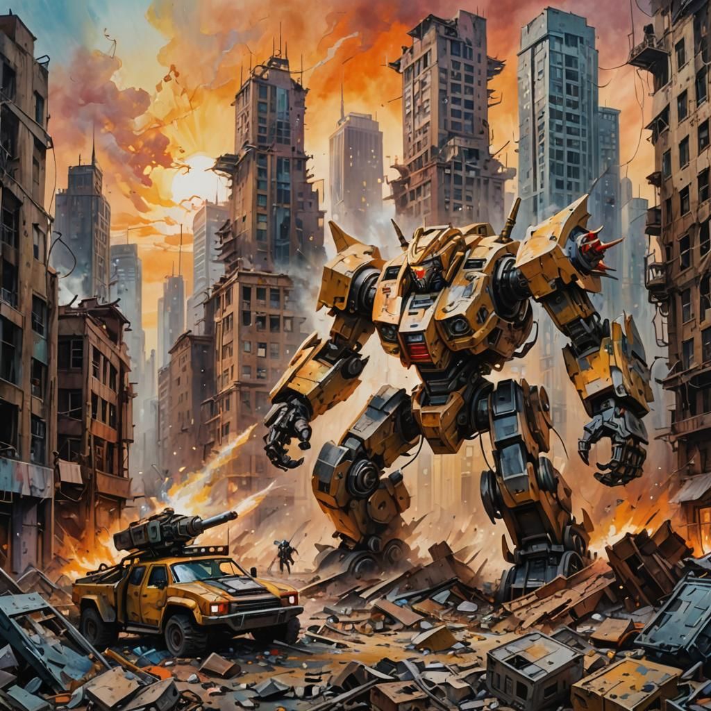 Mecha Monsters Clash in Apocalyptic Cityscape Painting