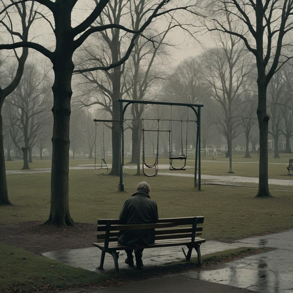 Melancholic Figure in Overcast Landscape, Oil Painting Style