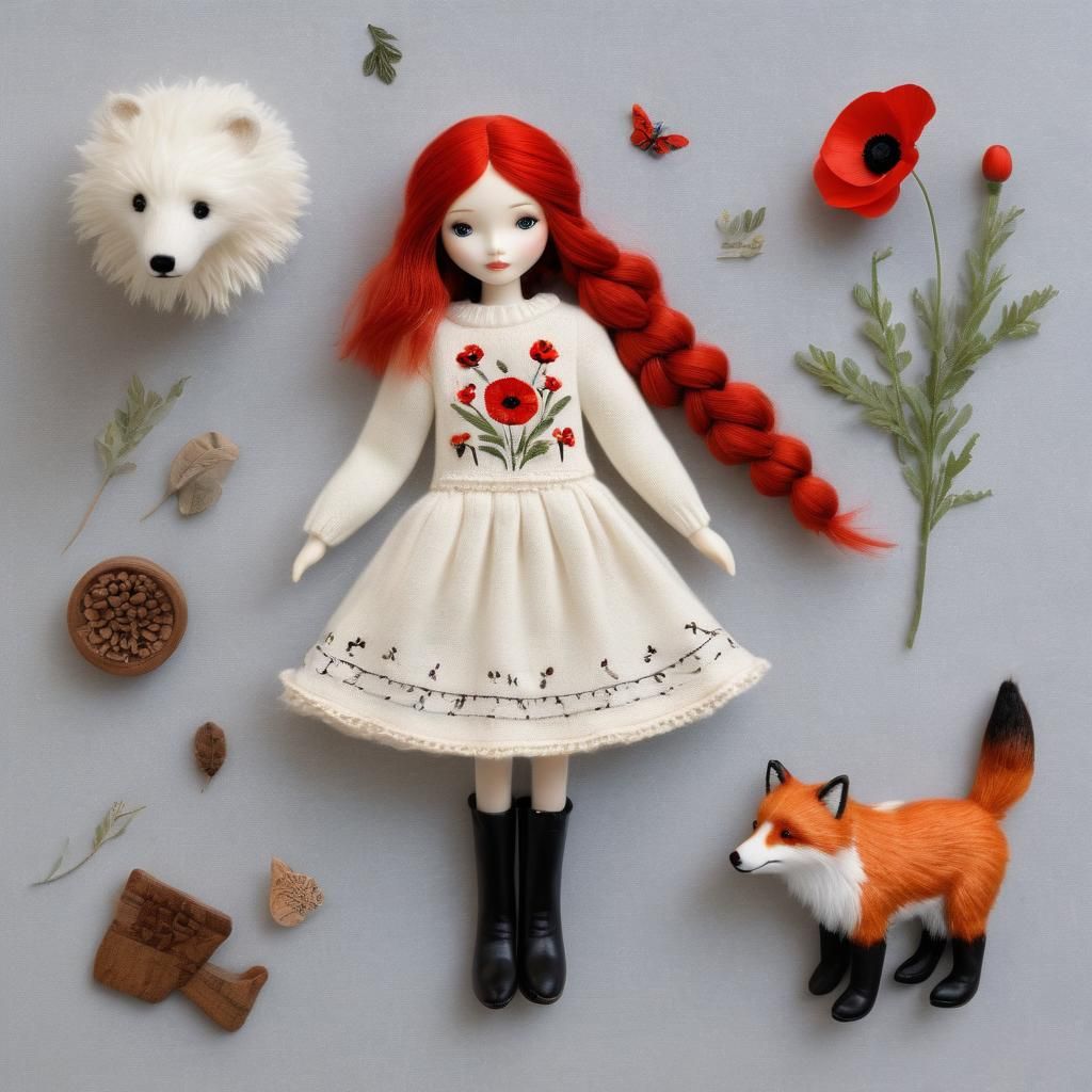 Gentle Girl Strolls with Polar Bear and Red Fox in Whimsical...