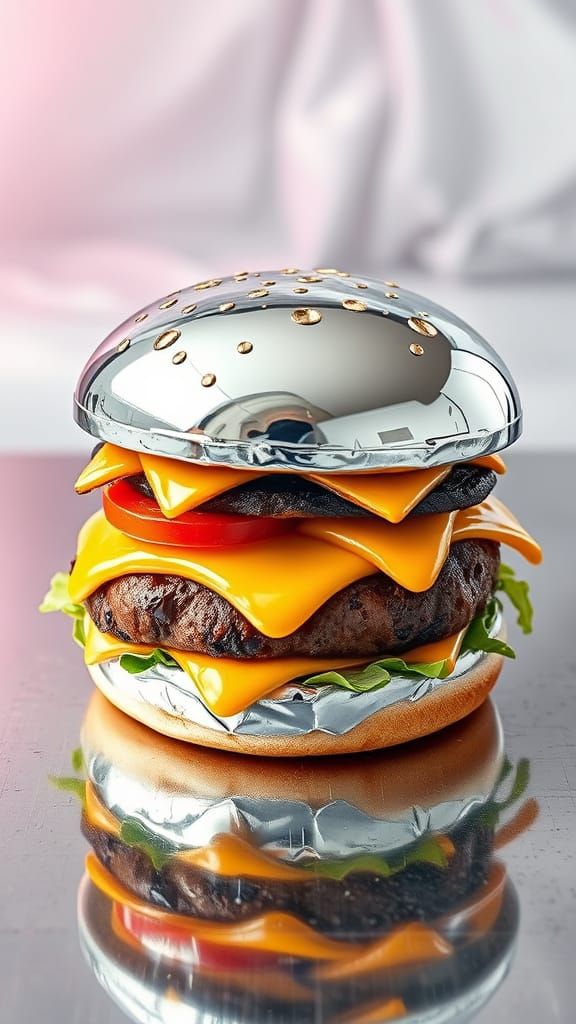 Surreal Shiny Cheeseburger in Hyper Realism