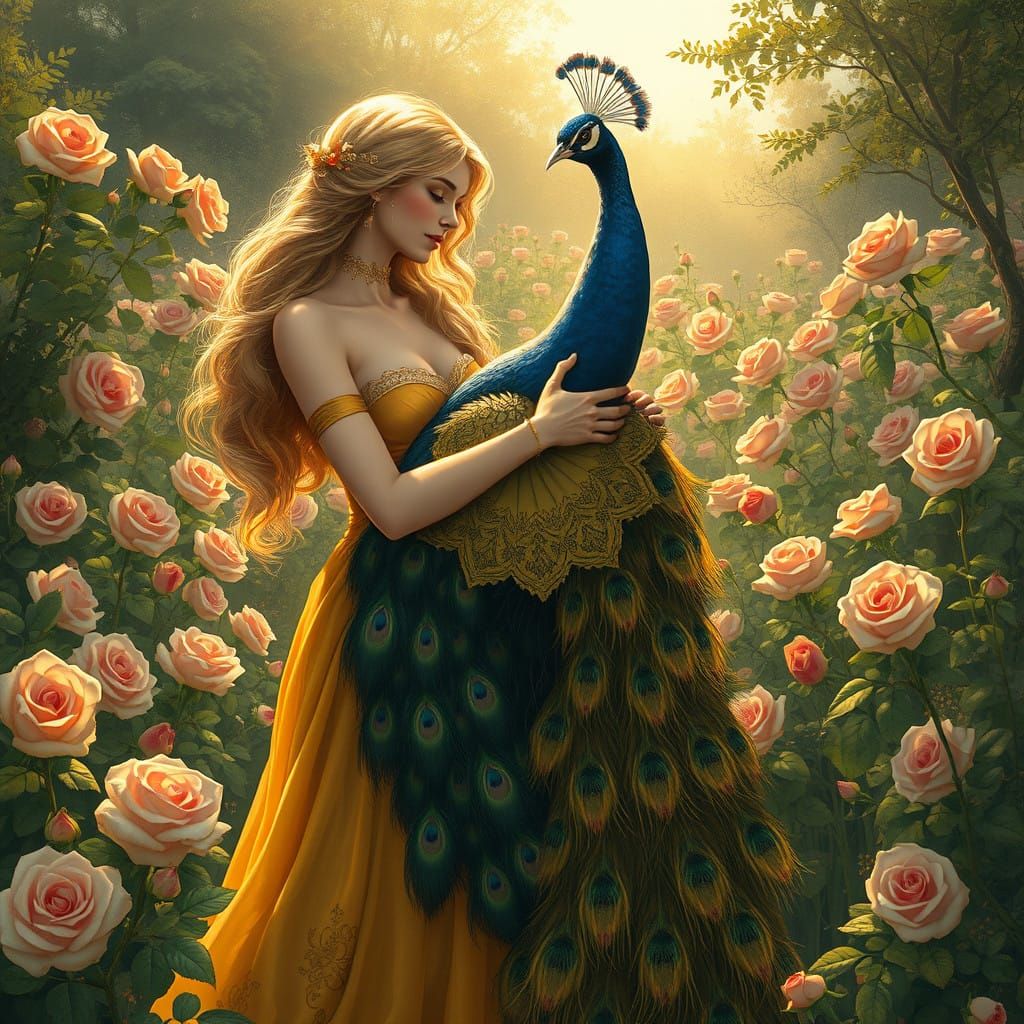 Whimsical Blonde Woman Embracing Majestic Peacock in a Lush....