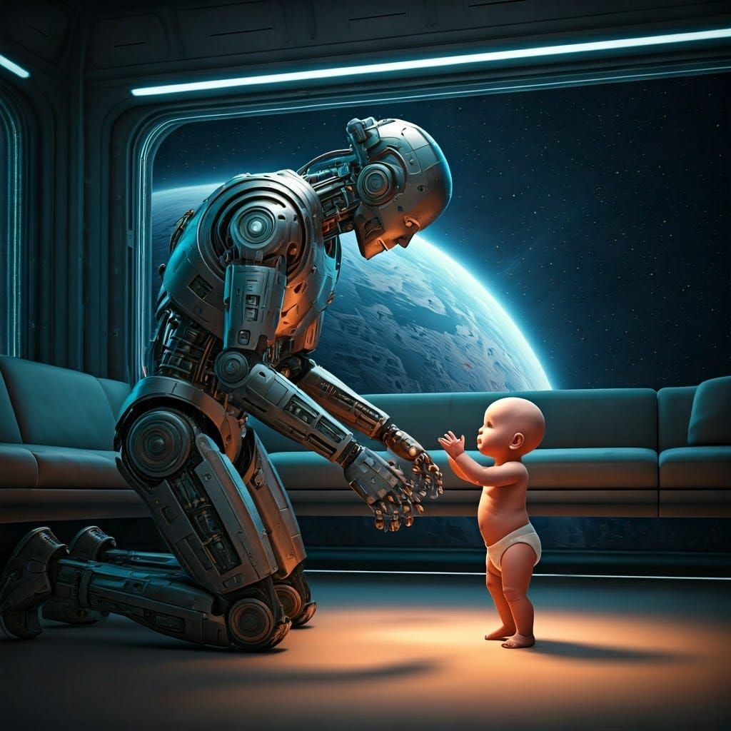 Robot Babysitter in Futuristic Digital Art Style
