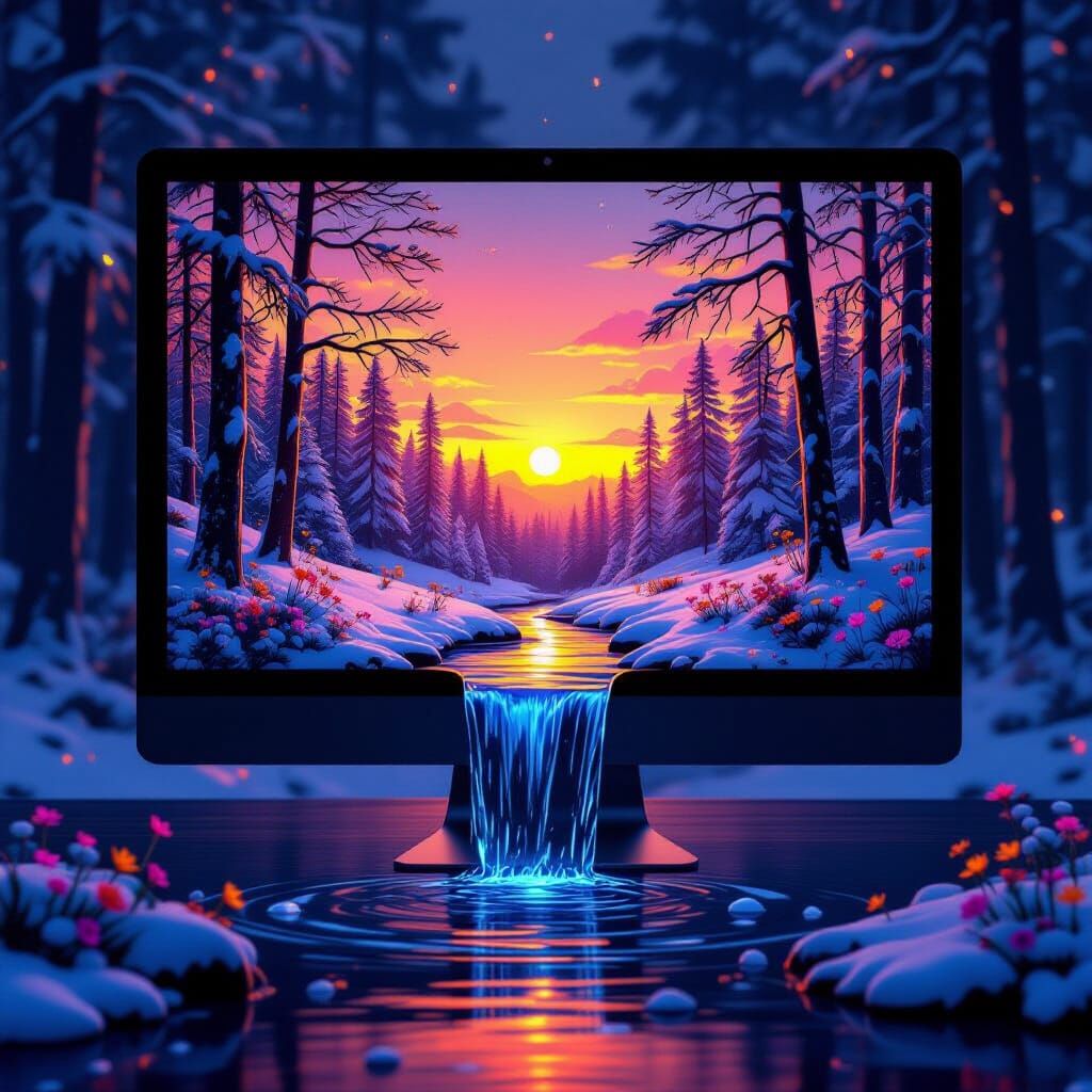 Futuristic Computer With Forest Scene Flowing Out