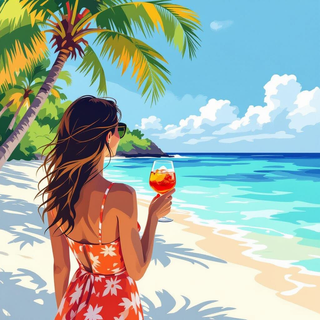 Tropical Beach Scene in Impressionist Style