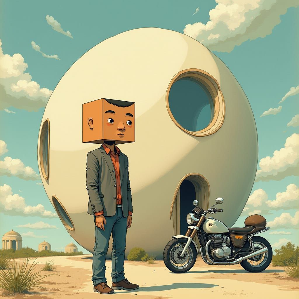 A Man with a Cube-Shaped Head Stands Out in a Round World