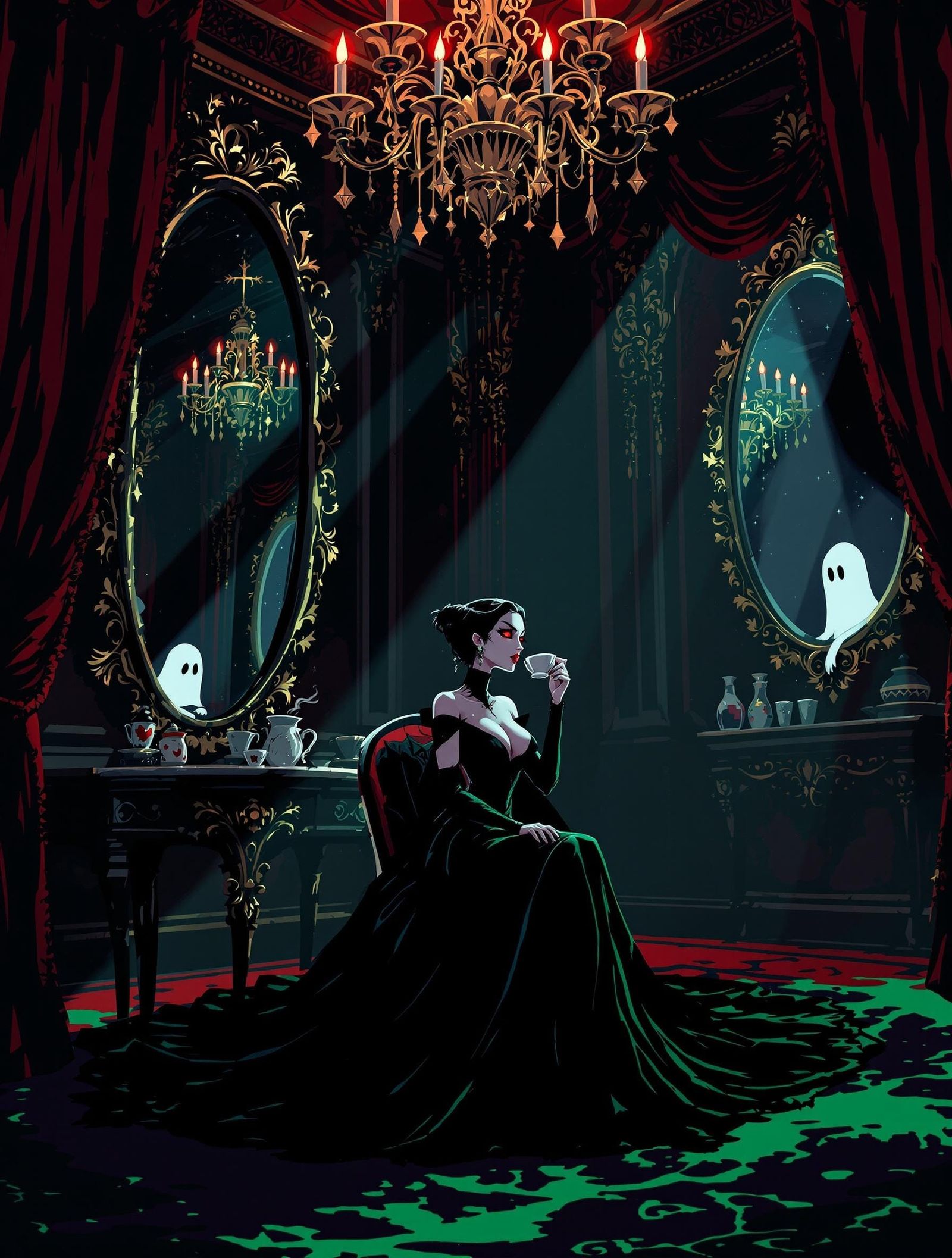 Elegant Vampire Sips Tea in 8-bit Pixel Art