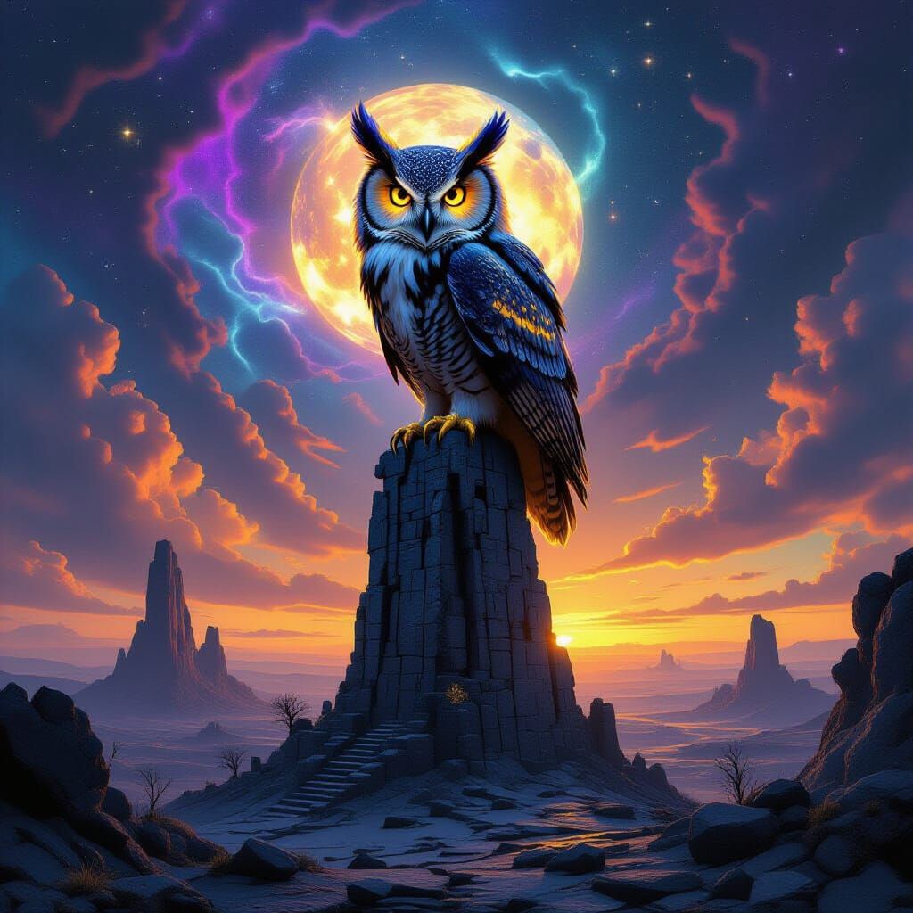 Bioluminescent Owl Perched on Obsidian Tower