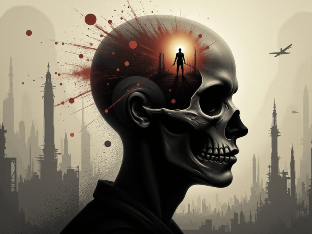 Skull with WWII Battle in Sepia Punk Style